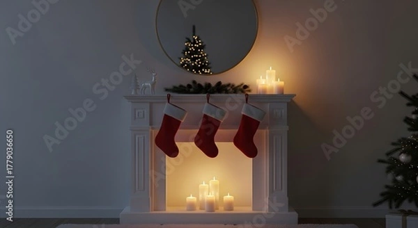 Obraz Cozy Christmas fireplace with stockings and warm candlelight creating a festive holiday ambiance