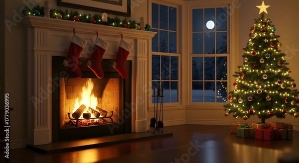 Obraz Cozy Christmas scene with a crackling fireplace, decorated tree, and moonlit night sky