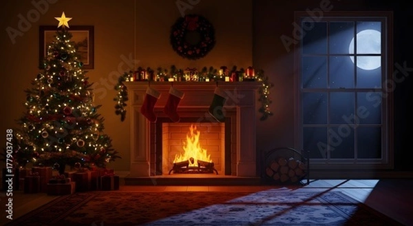 Obraz Cozy Christmas Living Room Scene with a Decorated Tree, Fireplace, and Full Moon Visible Through the Window