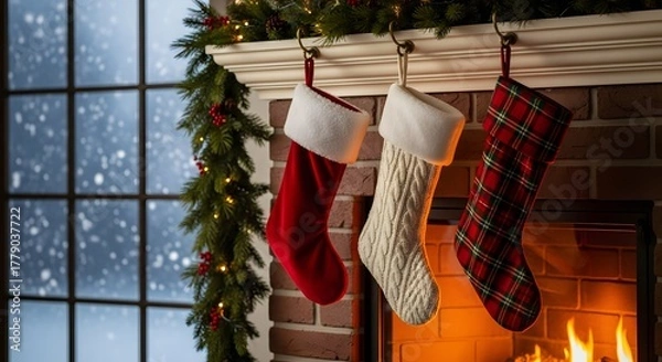 Obraz Three festive Christmas stockings hanging on a decorated fireplace mantel with a cozy fire burning and snow falling outside the window