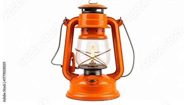 Fototapeta Orange vintage kerosene lantern with lit flame, glass enclosure, and metal frame for editorial outdoor photography emergency lighting decor and poetic nostalgia-themed visuals