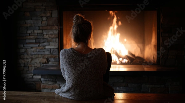Obraz A person sitting alone in front of a fireplace, gazing at the flames sense of melancholy. Loneliness during Christmas holidays with copy space, holiday contrast, aging, and emotional storytelling