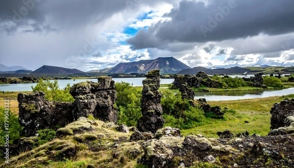 Fototapeta Volcanic landscape with a lake and dramatic sky
