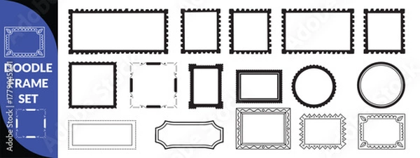 Fototapeta Doodle frame set, vector hand drawn stamp border, vintage abstract wavy post stamp simple design. Blue decorative rectangle label, empty banner shape collection. big set design 