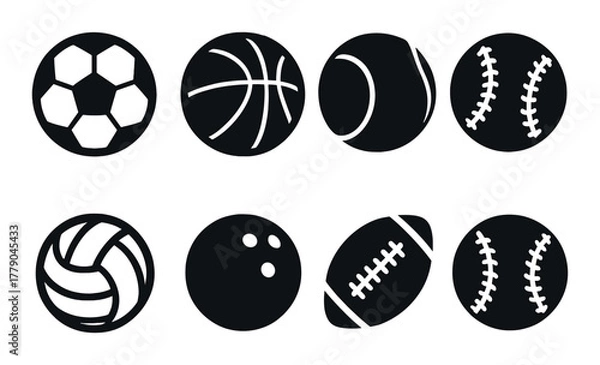 Fototapeta Set of eight black and white sports ball icons