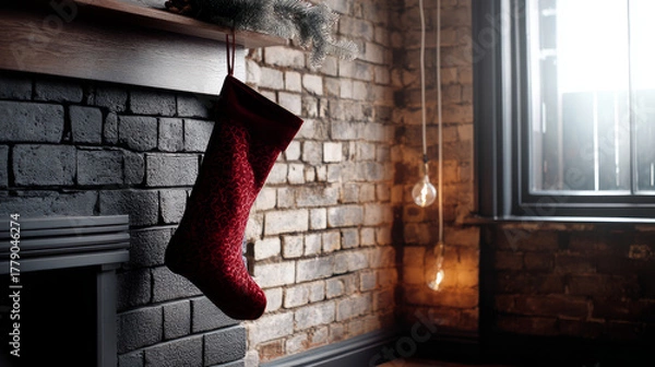 Obraz A single stocking hung by the fireplace, with no family or people in the background. Loneliness during Christmas holidays with copy space, holiday contrast, aging, and emotional storytelling