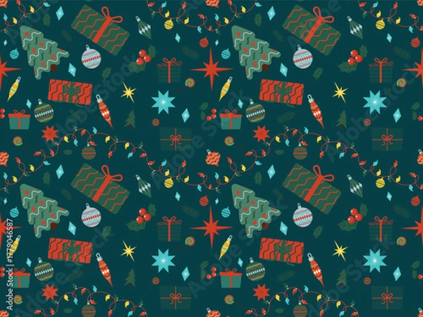 Obraz Beautiful christmas doodles seamless pattern on green background - hand drawn and detailed, great for christmas textiles, banners, wrappers, wallpapers - vector surface design