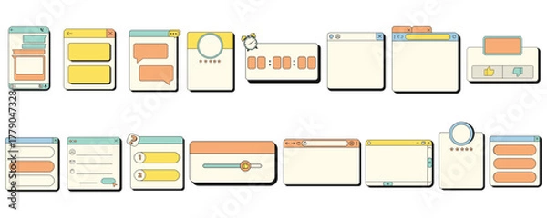 Fototapeta Retro user interface tabs and icons. Computer software screen panels and dialog boxes, retro desktop computer interface with frames.