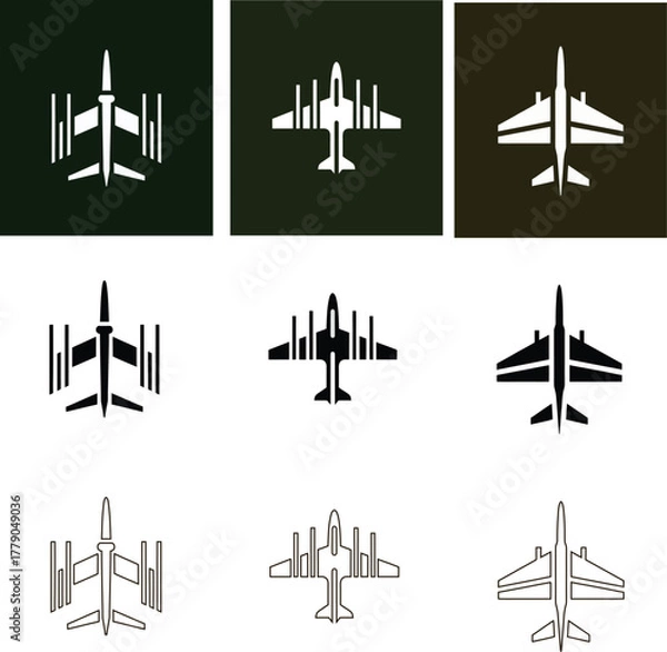 Obraz Airplane fighter icon set in multiple styles. Includes outline, filled, flat, and gradient versions for aviation, military, and transport design.