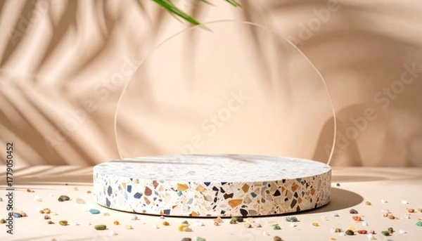 Fototapeta Terrazzo platform with acrylic sheet and palm shadows