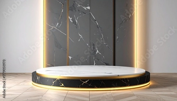 Fototapeta Elegant marble podium with gold lights on dark backdrop