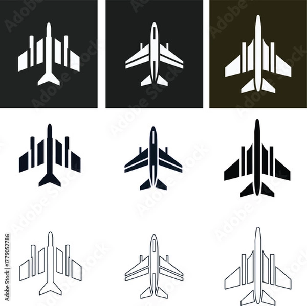 Fototapeta Modern airplane fighter icon set. Multiple styles including flat, line, and solid designs—ideal for aviation apps, air force, and travel graphics.