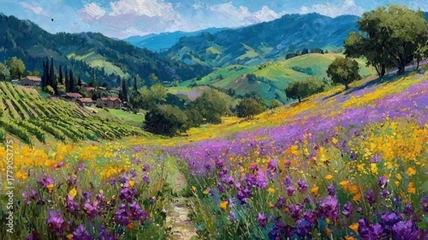 Fototapeta Regenerative Agriculture: Vibrant clover and radish cover crops with butterflies and bees between crop rows in terraced hillside vineyard