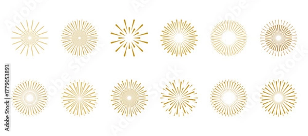 Obraz A set of fireworks icons in golden shades, vector illustration, isolated on a white background. A graphic element for design, decoration, celebration, postcard, poster. Sparks, lights, flashes