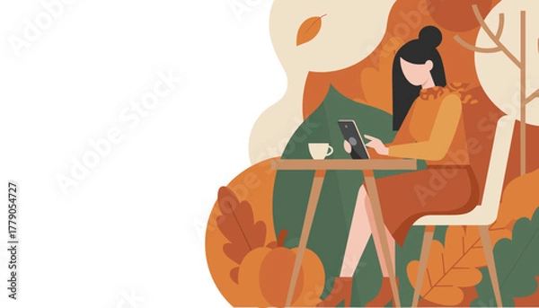 Obraz Woman using tablet outdoors in cozy autumn setting with pumpkin leaves and coffee Copy space