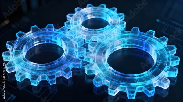Fototapeta Three blue glowing gears representing technological integration and interaction