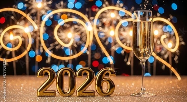 Obraz Concise Phrase: Luxurious gold 2026 New Year's celebration with champagne, dynamic long exposure light trails, and festive fireworks bokeh.