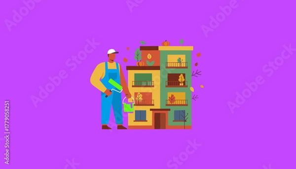 Obraz Maintenance worker painting a colorful apartment building during autumn renovation