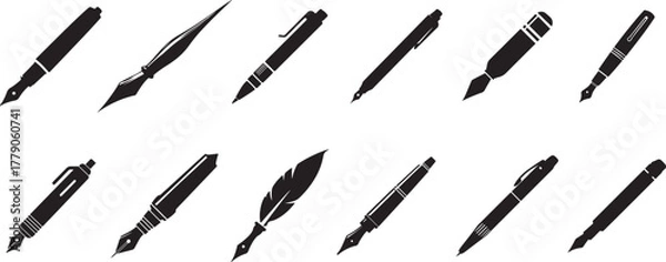Fototapeta Collection of stylized writing instruments including fountain pens, ballpoint pens, and a quill