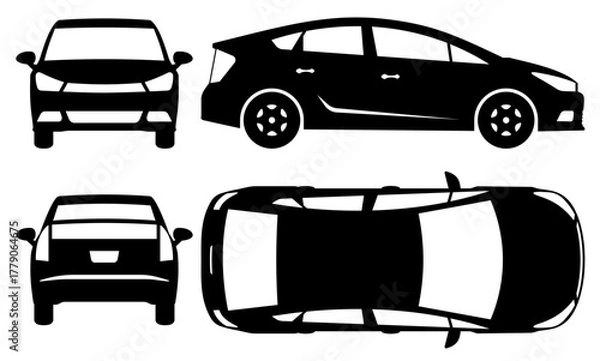 Fototapeta Black and white vector silhouette of a car shown from different angles - side, front, rear, and top view.