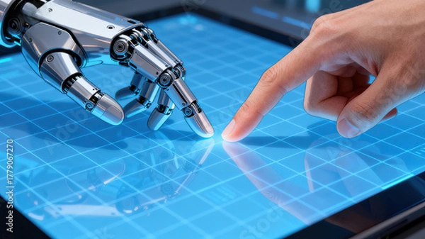 Fototapeta Human Hand and Robot Hand Interacting on Touchscreen