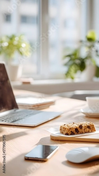 Fototapeta Healthy snack break at workplace with laptop, granola bar and coffee cup on wooden desk in morning sunlight, productive lifestyle concept