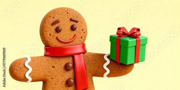 Fototapeta 3D gingerbread cookie character with red ribbon scarf holding green present on pale yellow background