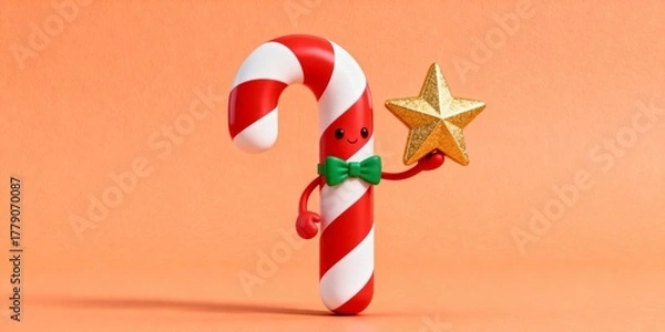 Fototapeta 3D candy cane character with green bow tie and golden star on soft orange background for Christmas concept