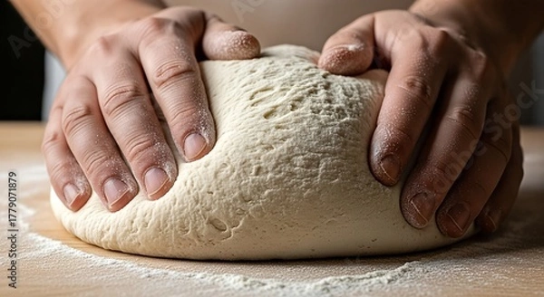 Obraz Hands kneading dough on a wooden surface, close-up shot.