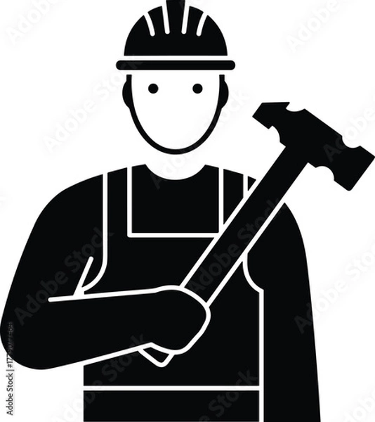 Fototapeta Construction worker silhouette icon, labor man with hard hat and hammer, industrial job vector illustration, safety design, cad drawing flat vector illustration