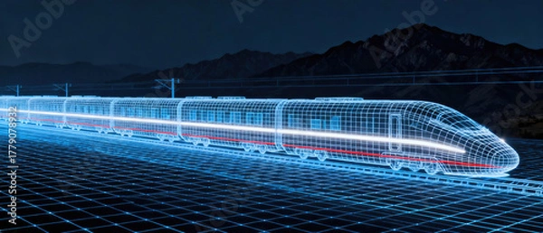 Fototapeta High - tech high - speed train with digital grid pattern