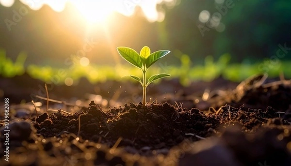 Fototapeta Sprout in soil with sunset.