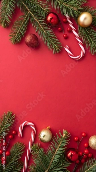 Fototapeta A festive flat-lay composition featuring green fir branches, red and gold ornaments, and candy canes along the top border against a bold red background. A clean, modern Christmas scene full of holiday