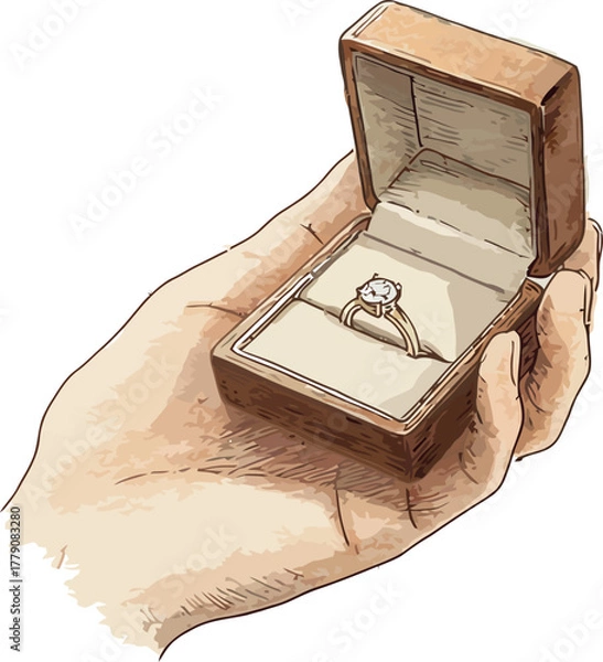 Fototapeta Romantic watercolor artwork depicting a delicate hand holding an open ring box with engagement ring - vector illustration