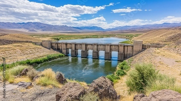 Fototapeta Concrete dam spanning a wide river, mountains in the backdrop, cloudy skies