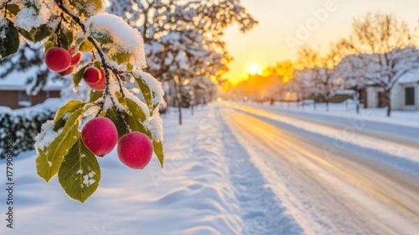 Fototapeta Winter sunrise over street with snow-covered trees and red fruits on branch