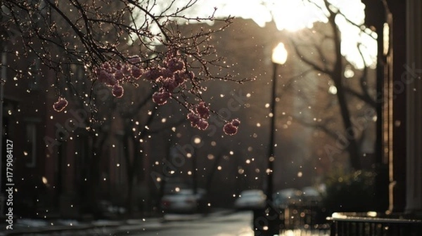 Fototapeta Street scene with blossoming tree and hazy sunlight filtering through trees
