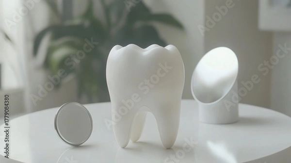 Fototapeta White tooth model, round mirror, and small vase on a round white table