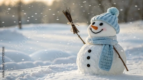 Fototapeta A cheerful snowman wearing a blue hat and scarf waves amid softly falling snow. Surrounded by a snowy winter landscape, it radiates warmth, friendliness, and festive winter charm in a soft, dreamy atm