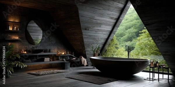 Obraz Modern rustic bathroom with triangular window and nature view