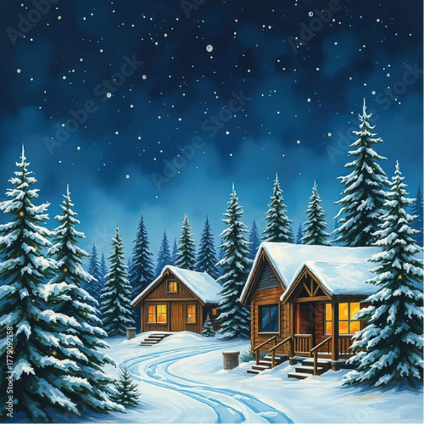 Fototapeta Snowy, calm, winter landscape with twinkling stars, pine trees, and cozy wooden cabins softly illuminated under a deep blue night sky