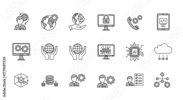 Fototapeta Minimalist technology icons ai, cybersecurity, global network, and cloud computing