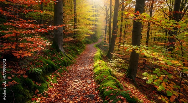 Fototapeta A winding path through a forest in autumn with colorful leaves and sunlight streaming through the trees ai generated