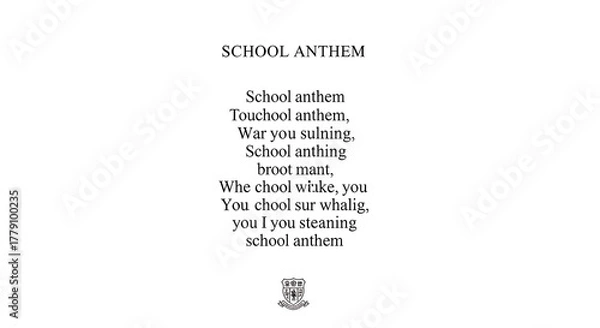 Fototapeta A school anthem text with a school crest at the bottom center of the white background document page ai generated