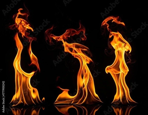 Obraz Three Flames on Black Background with Reflections Emanating Warmth and Energy in Studio Photography