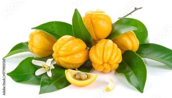 Obraz Close-up of ripe yellow citrus fruits with leaves and blossom on white background