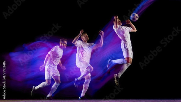 Fototapeta Sequence of soccer player jumping for header with glowing neon light motion. Concept of coordination, power, focus used in motion capture, athlete education, and sports analysis visuals.