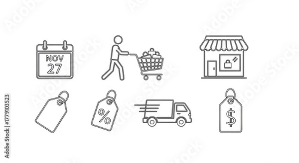 Fototapeta Black friday shopping elements linear icons of discounts, shopping cart, storefront, and delivery