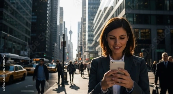Fototapeta Businesswoman using a smartphone on a bustling city street. Professional woman focused on her mobile phone for business communication and networking. Technology and success concept.