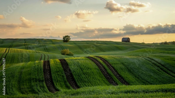 Fototapeta A vibrant landscape photograph of rolling green hills with distinct tractor tire tracks creating diagonal lines across the terrain.